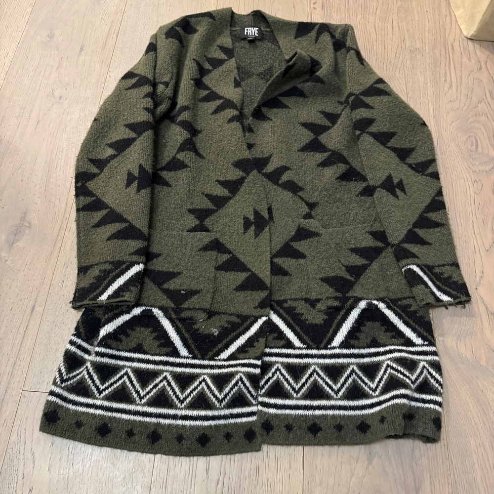 FRYE Womens M The Cozy Aztec Jacquard Luxe Open Front Cardigan Green Burnt Olive